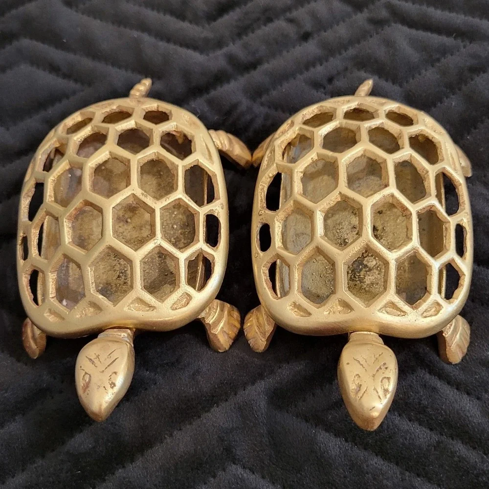 Vintage Brass Turtle Trinket Box Set (2pc) Honeycomb Lattice Shell Potpourri Fun